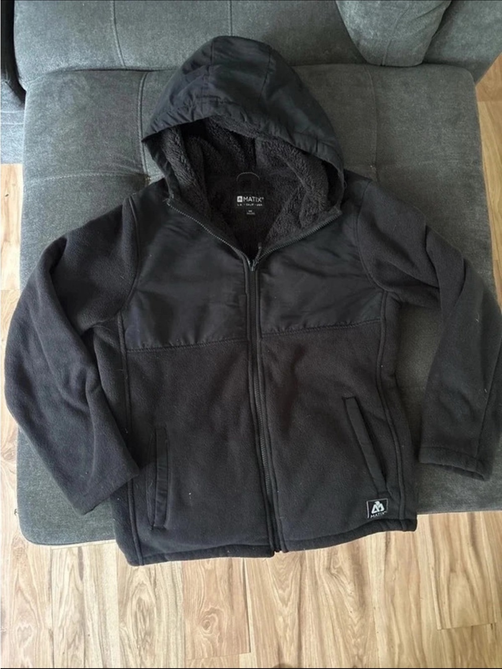 Matix mens S Black Hooded Puffer-Style Fleece Jacket